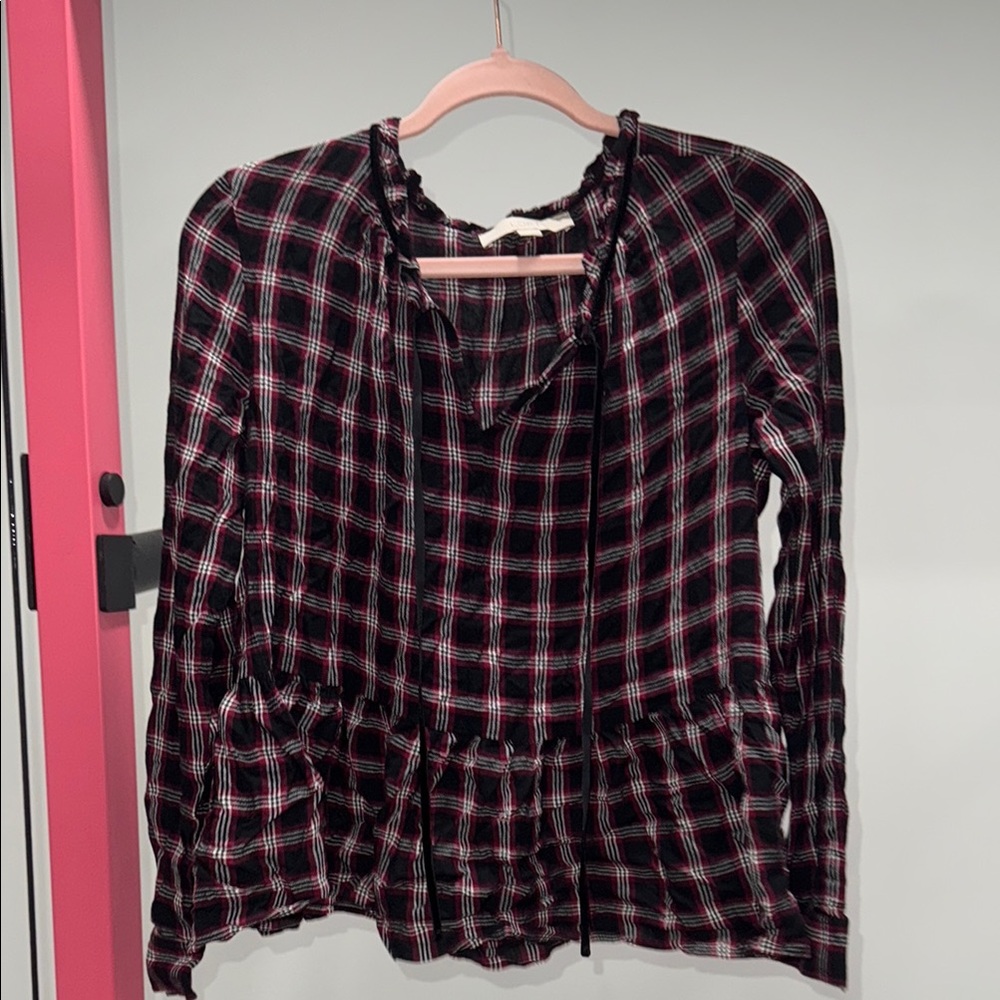 LOFT Pink and Black Peplum Blouse with Tie Front